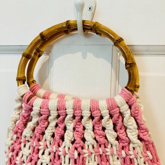 Vintage 70s Macrame Market Bag, Crochet Hobo Handbag, Handwoven Purse w Bamboo - Picture 2 of 16